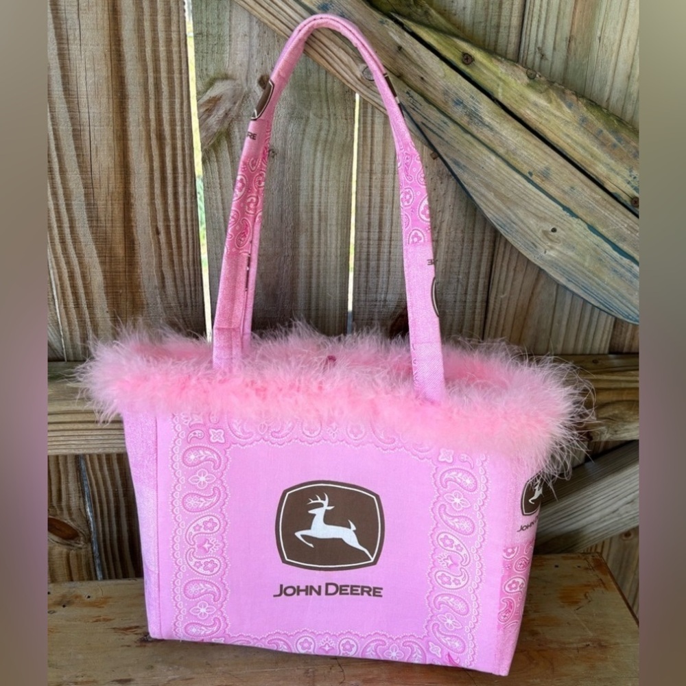 John Deere Farm Angel Pink Tote Handbag with Maribou Trim Size 12.5”L x 10.5”H